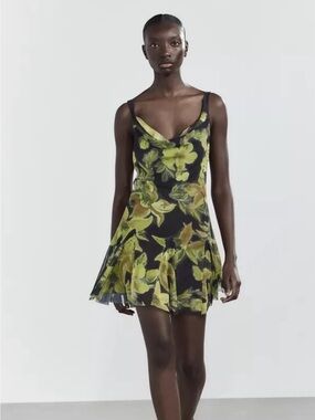 Zara Cowl Neck Floral Slip Mini Dress in Black and Green